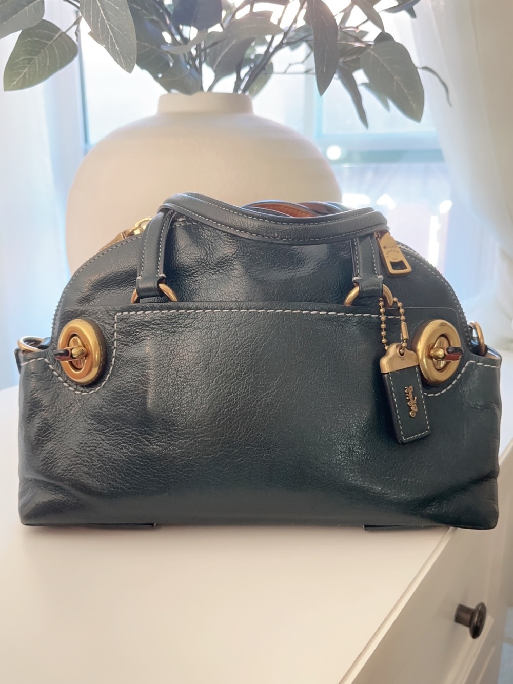 Blue Coach Dark Pebble Leather Satchel with Gold Hardware